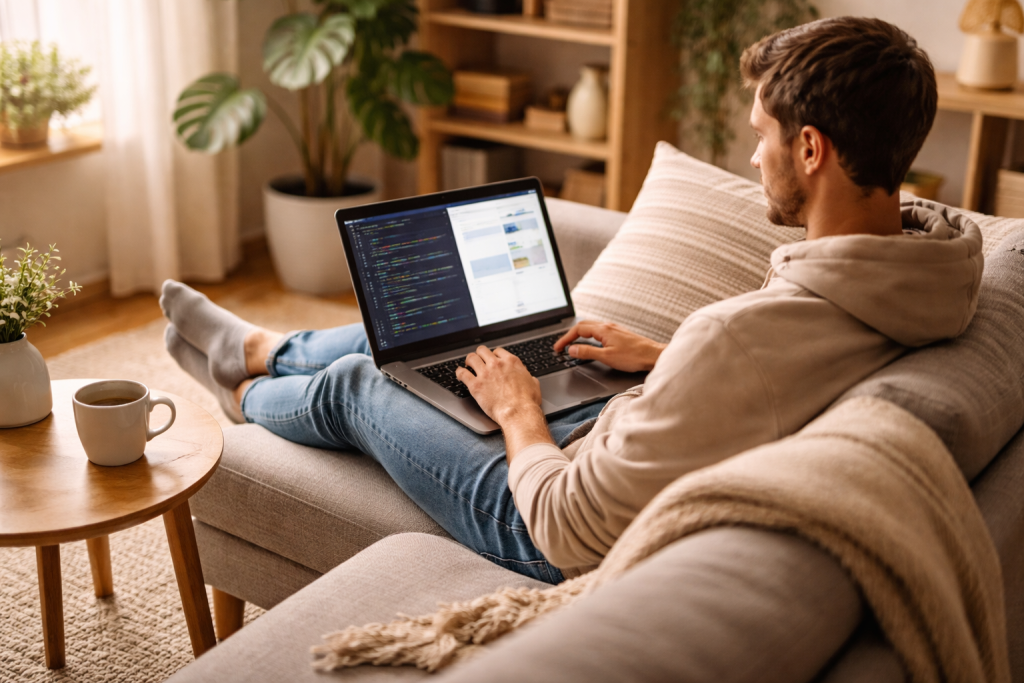 Stemningsbillede for brandet: afslappet hverdagsmoment med en person, der lærer at kode i sofa eller lænestol med laptop, der viser kode – balancen mellem fleksibilitet, læring og hverdag.