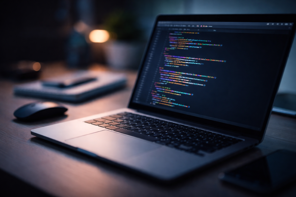 Standard blogheaderbillede: abstrakt men genkendelig tech- og kode-stemning egnet til mange forskellige artikler om programmering og digital forståelse.