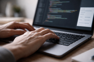 Detaljebillede til features: nærbillede af hænder, der skriver kode på laptop med synlige, men ikke læsbare kodelinjer, som understreger det praktiske håndværk i programmering.