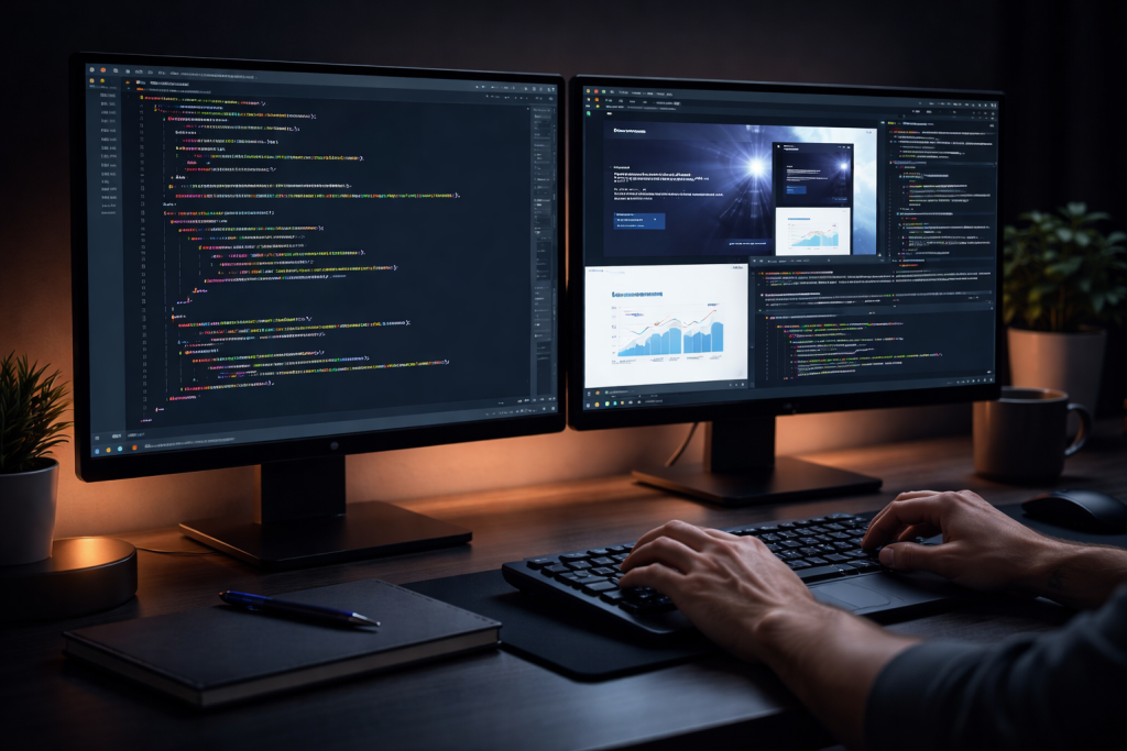 Illustration til service om “Webudvikling / frontend & backend”: flere skærme med kode, browser og udviklingsværktøjer i et mere teknisk, men stadig overskueligt setup.